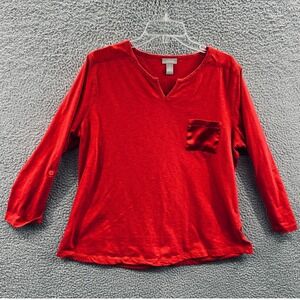 Chicos Womens Minimalist Top XL Red Cotton Knit Cozy Relaxed Split Neck Everyday